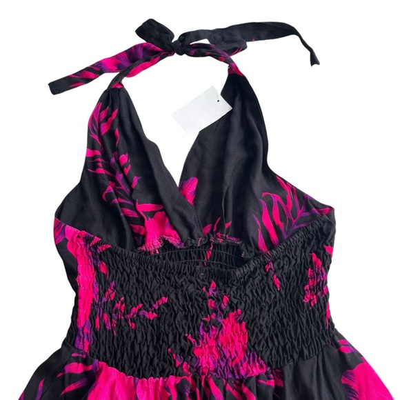 Tropical Women’s OS Pink, Purple Black Hibiscus Floral Halter Handkerchief Dress - Picture 12 of 16